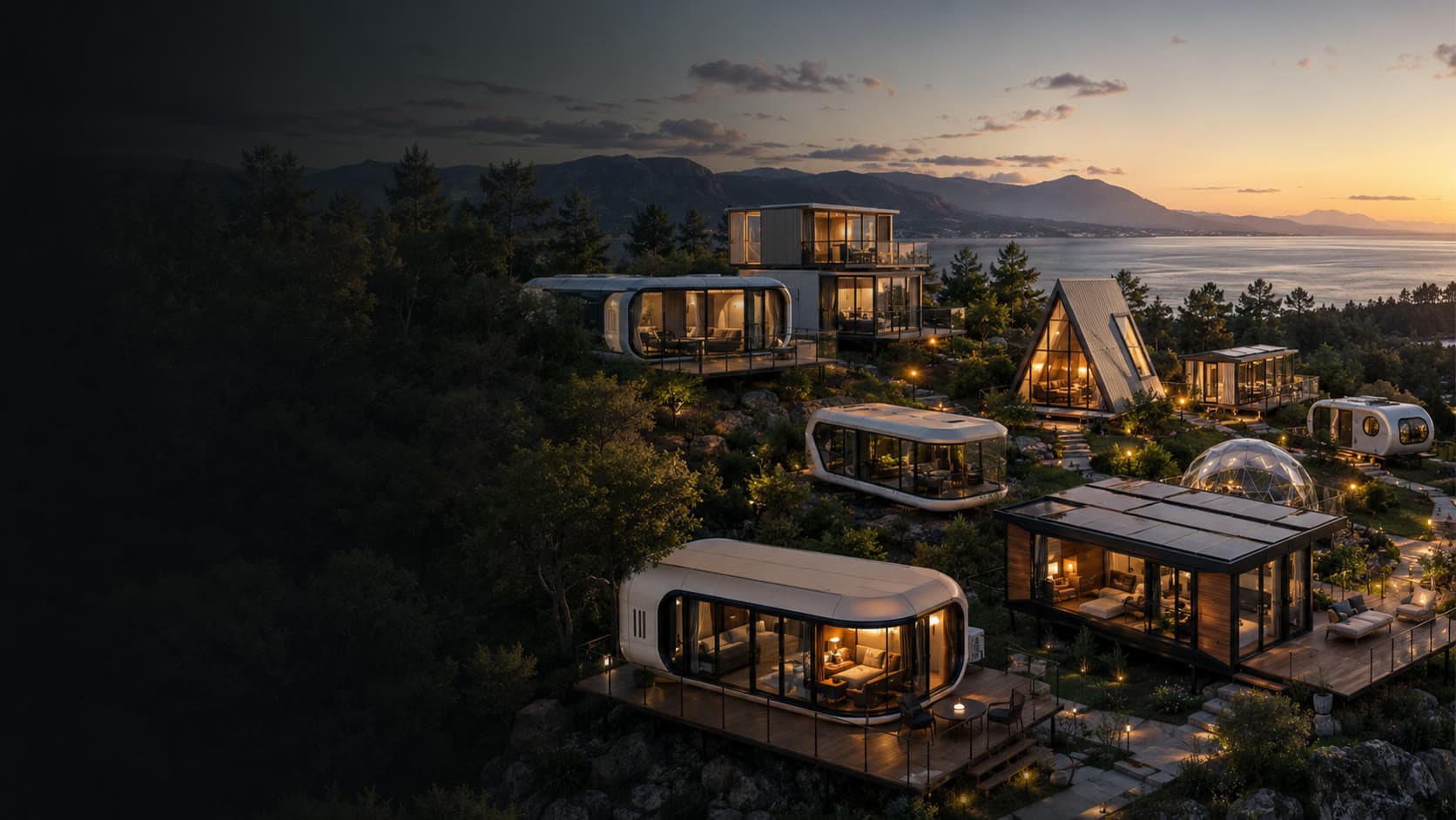 Prefab-home resort at dusk: capsule pods, an A-frame, a dome and container homes overlooking the sea